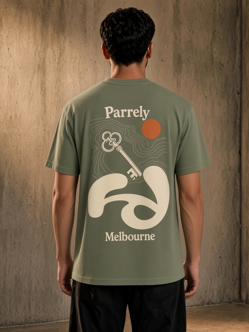 Parrely Key Tee on model in Dusty Green