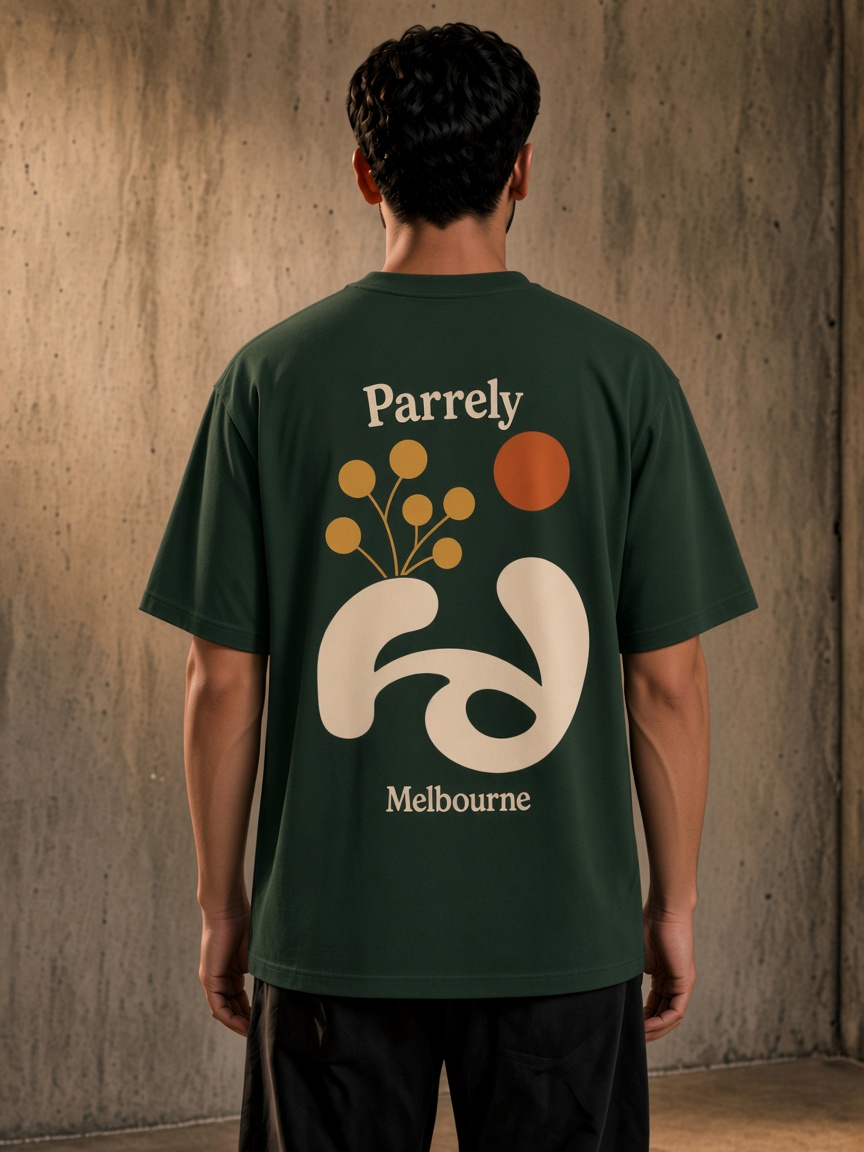 Parrely Melbourne Wattle Tee on model in Forest Green