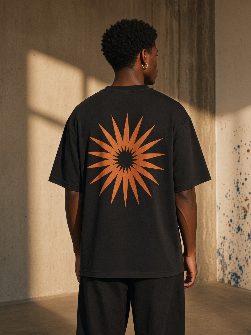 Black Heavyweight Tee worn from the back with a large orange sunburst print